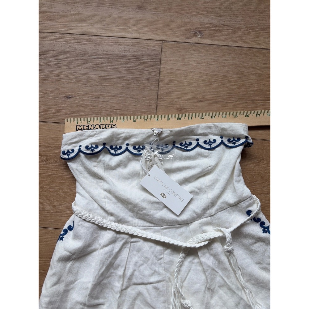 Caroline Constas White Navy Embroidered Linen Strapless Romper Scallop Hem Small - Picture 4 of 9